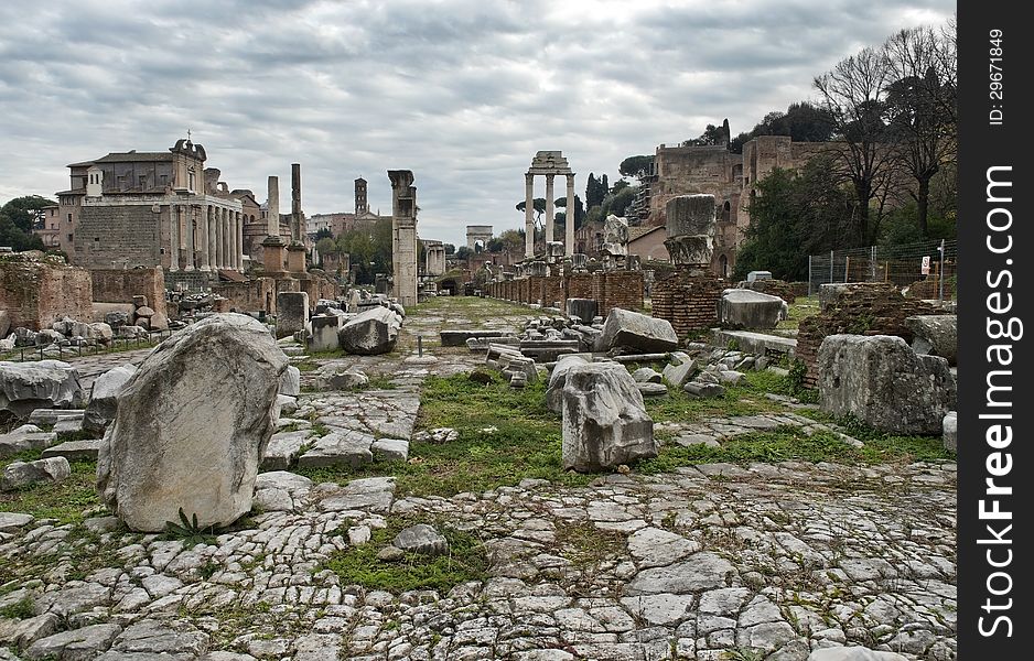 Ancient ruins of the Roman Forum (Foro Romano) in Rome, Italy. Ancient ruins of the Roman Forum (Foro Romano) in Rome, Italy