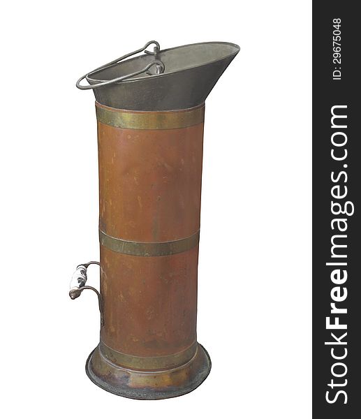 Tall antique copper and tin bucket to hold fireplace ashes, with handles. Isolated on white. Tall antique copper and tin bucket to hold fireplace ashes, with handles. Isolated on white.