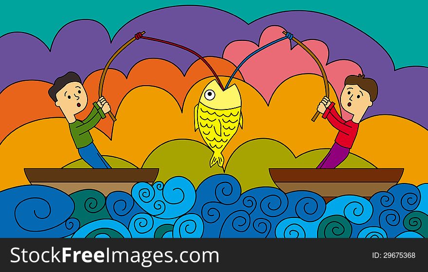 A funny illustration of two fishermen fighting over a single fish. A funny illustration of two fishermen fighting over a single fish