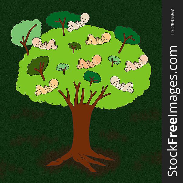 Cartoon illustration a tree with little babies as it's fruits. Cartoon illustration a tree with little babies as it's fruits