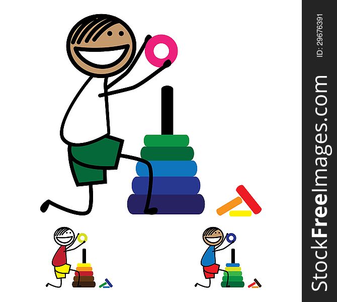 Illustration of cute boy(kid) holding a ring of round color tower. The graphic shows smiling and happy child playing with colorful circles and having fun. Illustration of cute boy(kid) holding a ring of round color tower. The graphic shows smiling and happy child playing with colorful circles and having fun