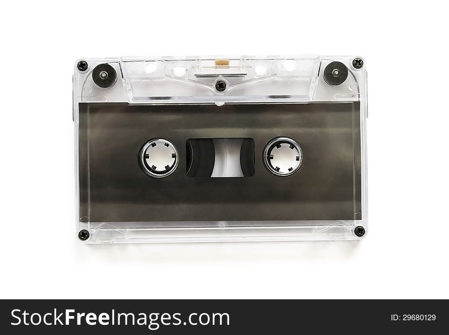 Black audiocassette on white background