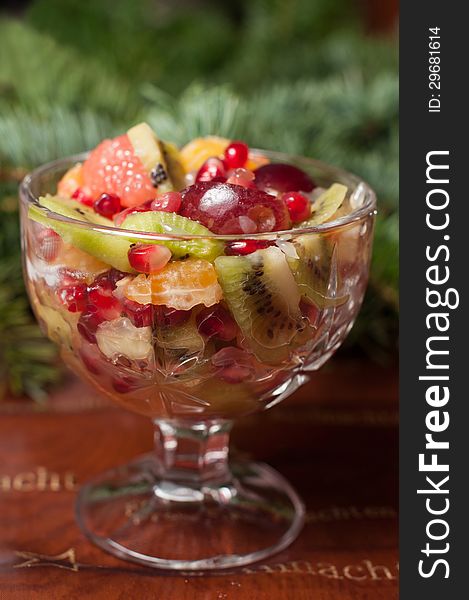 A fruit salad with a nice ornament. A fruit salad with a nice ornament