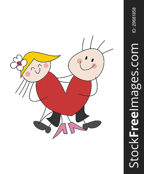 Colorful cartoon (doodle) illustration of a happy couple holding a heart. Colorful cartoon (doodle) illustration of a happy couple holding a heart