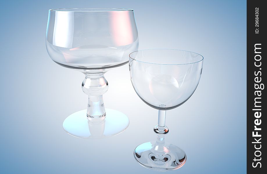 Glass bowls for water and wine made â€‹â€‹of transparent glass on blue background. Glass bowls for water and wine made â€‹â€‹of transparent glass on blue background