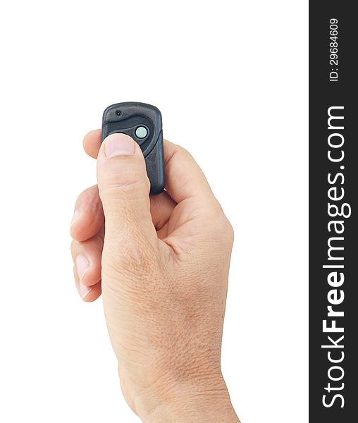 Hand holding car remote isolated on white background. Hand holding car remote isolated on white background