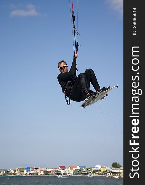 Kitesurfer in the air in the Lake Donuzlav