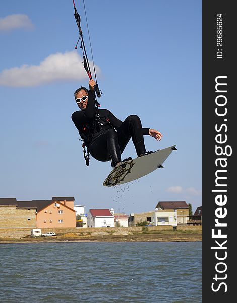 Kitesurfer in the air in the Lake Donuzlav