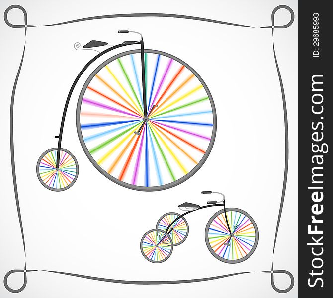 Two retro bicycles with rainbow colored wheels on white background. Two retro bicycles with rainbow colored wheels on white background