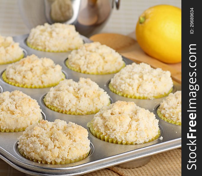 Baked lemon muffins in a muffin tin. Baked lemon muffins in a muffin tin