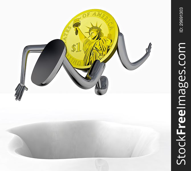 Dollar coin robot jumping above hole illustration