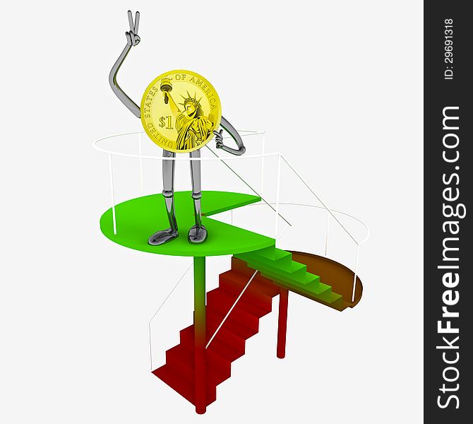 Dollar coin robot victor standing at the top of red green staircase rendering illustration. Dollar coin robot victor standing at the top of red green staircase rendering illustration