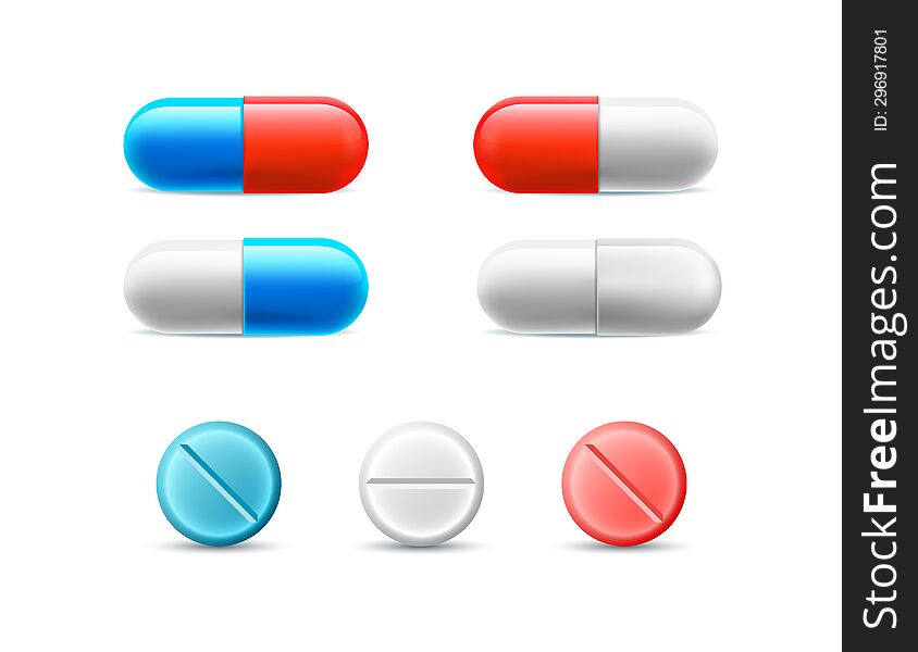Set of different pills, capsules, and tablets. Illustration