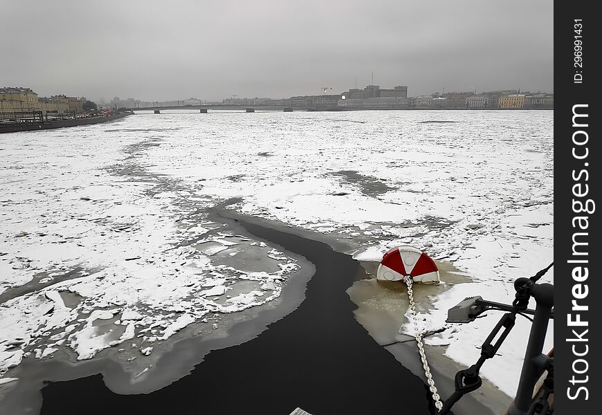 St. Petersburg, Ice On The River In Winter, View From The Ship