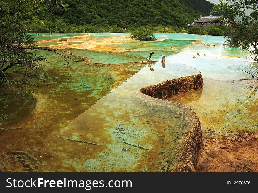 Limestone deposits and hot springs in the Huanglong Scenic Area, China.