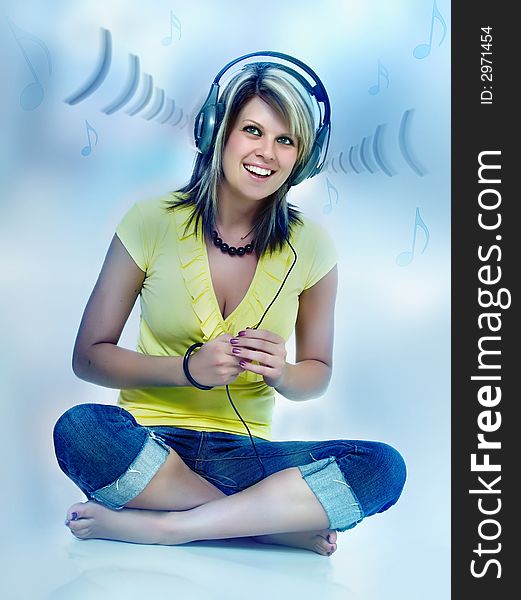 Young girl sitting and hear music