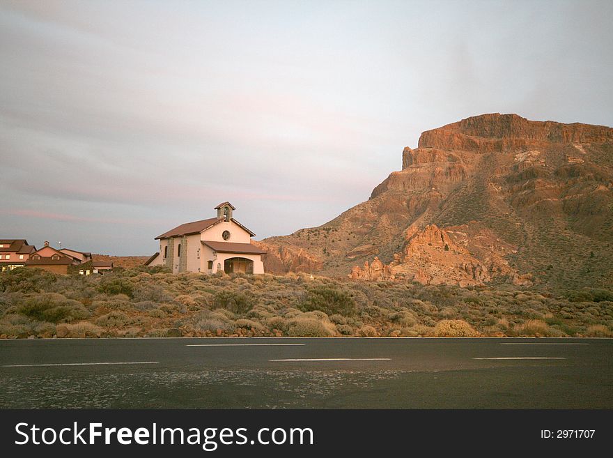 Chapel in desert at sunset on tenerife