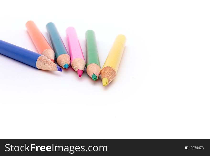 Points of colored pencils, isolated on white. Points of colored pencils, isolated on white