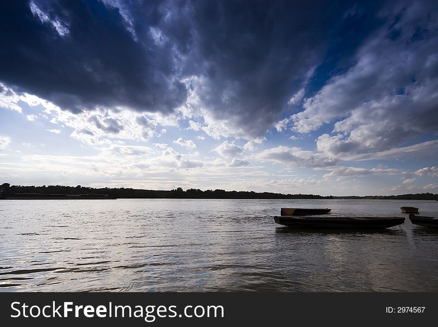 Boats at sunset on the Danube river. Boats at sunset on the Danube river