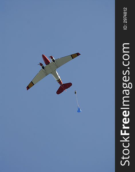 A USFS smoke jumper exits from a DC3 Turbo. A USFS smoke jumper exits from a DC3 Turbo.