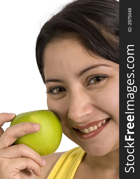 Young lady with an apple on a white background. Young lady with an apple on a white background