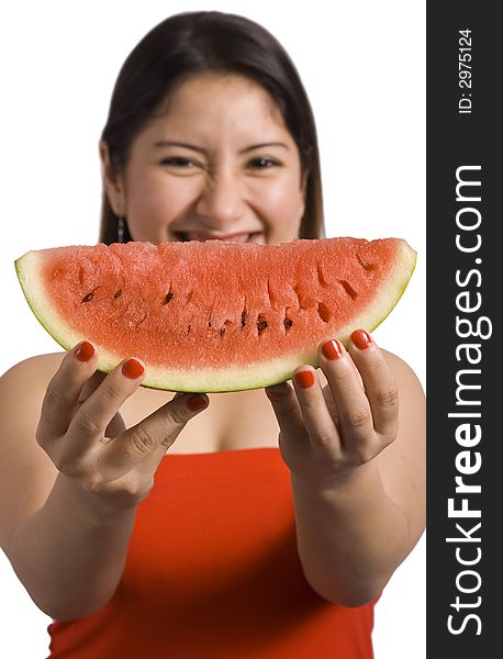 Young lady offering a slice of watermelon. Young lady offering a slice of watermelon