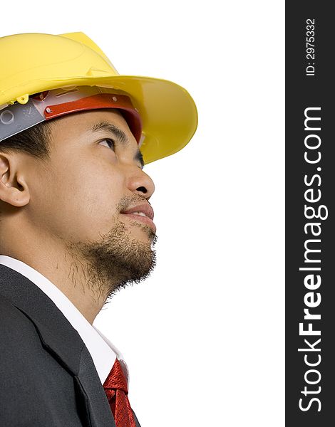 An Architect with yellow hardhat over a white background