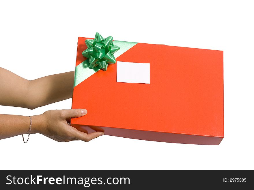 Holding a red gift box isolated on a white background