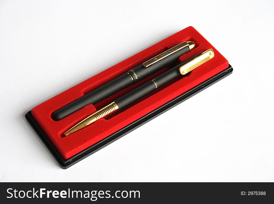 On a photo two black pens in a case.