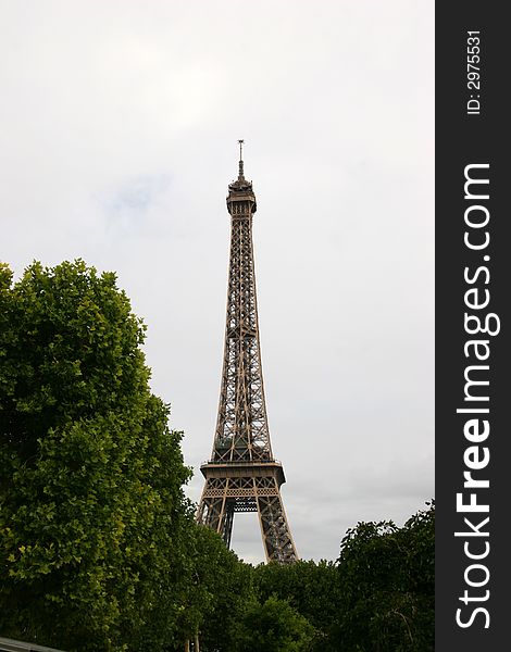 Eiffel tower peeking through trees in Paris