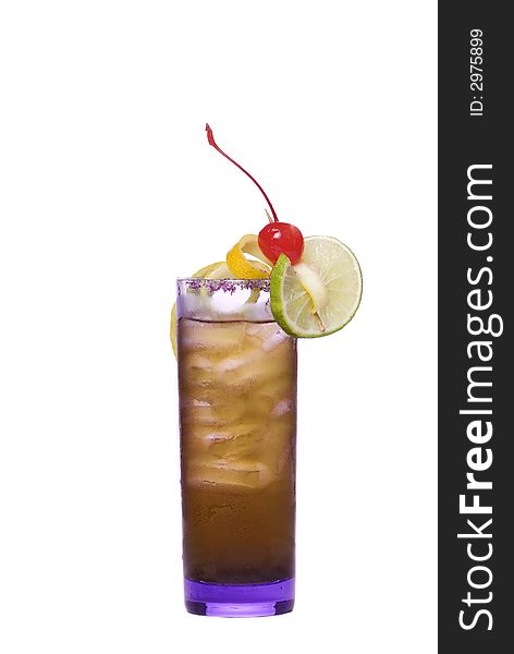 Colorful alcoholic cocktail in a tall glass against white background. Colorful alcoholic cocktail in a tall glass against white background