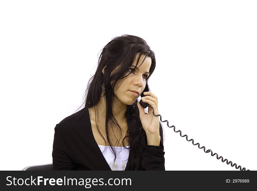 Young receptionist woman receiving a phone call - isolated over white background. Young receptionist woman receiving a phone call - isolated over white background