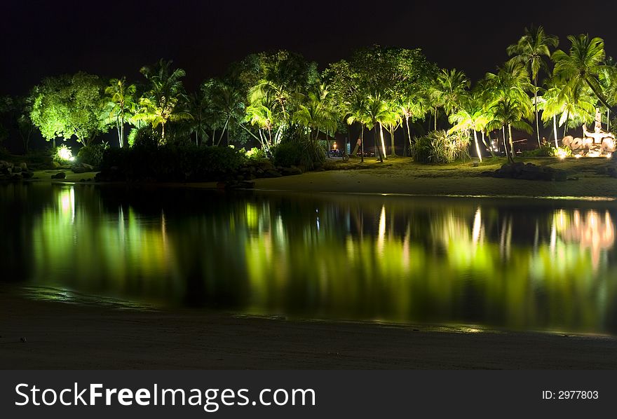 Trees are litted up by lamps along the beach, their reflections reflecting calmly in the still water. Trees are litted up by lamps along the beach, their reflections reflecting calmly in the still water