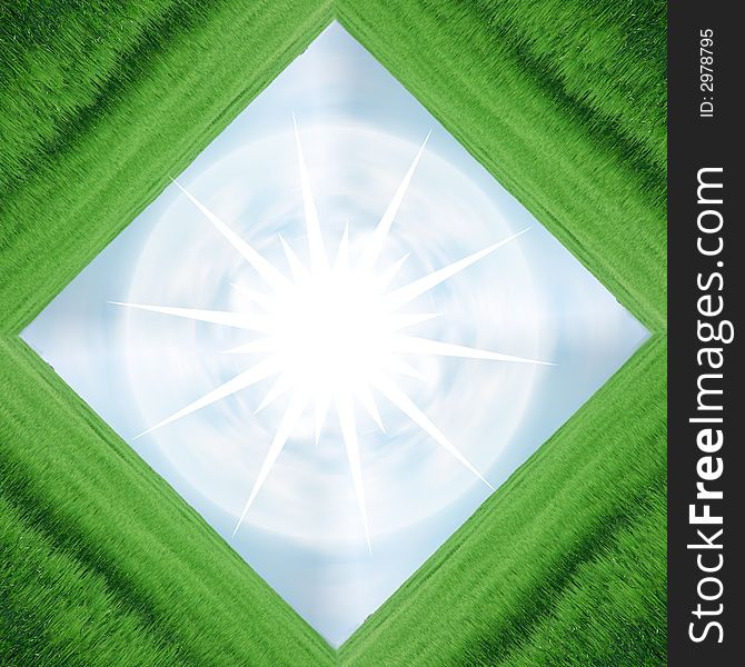 Frame of green field and blue sky with white star in center, plenty of copy-space, composite. Frame of green field and blue sky with white star in center, plenty of copy-space, composite