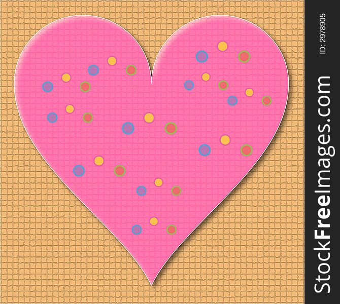 A pink heart-in designed in illustrator, decorated with small dots in different colours in square designed background, with drop shadow for the heart-in.