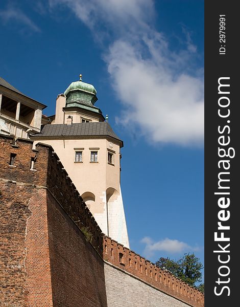 A section of the Krakow Castle wall showing a domed tower. A section of the Krakow Castle wall showing a domed tower