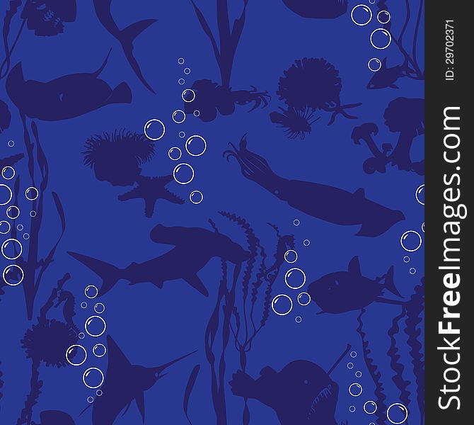 Seamless dark blue background with silhouettes of the underwater world. Seamless dark blue background with silhouettes of the underwater world