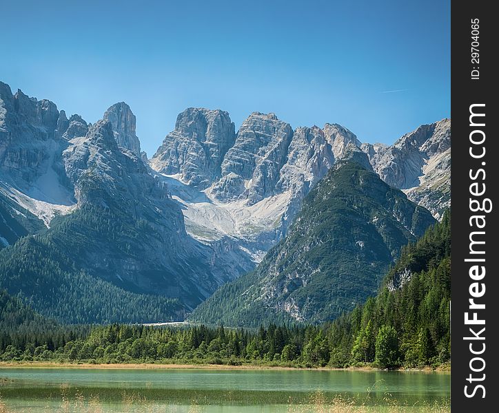 Tranquil summer Italian dolomites mountain lake