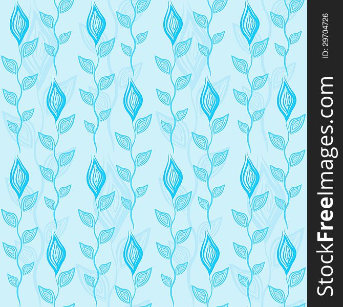 Abstract seamless pattern with blue flowers, stems and leaves at light blue background. Abstract seamless pattern with blue flowers, stems and leaves at light blue background