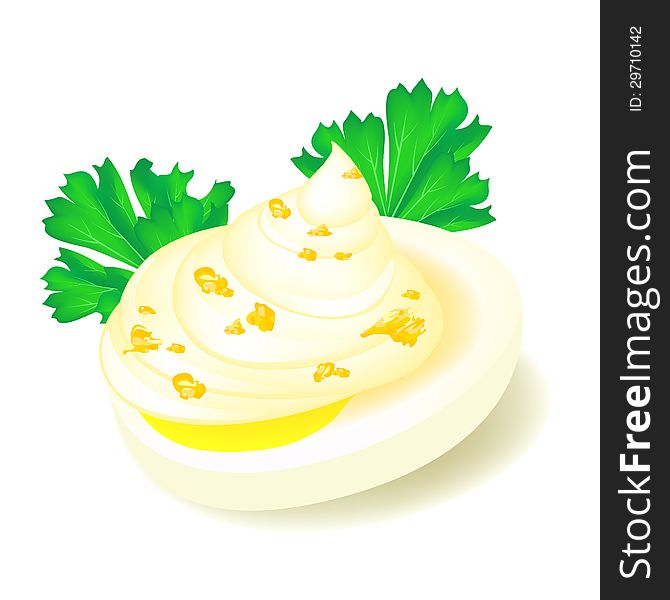 Realistic deviled egg with mayonnaise and leaves of parsley