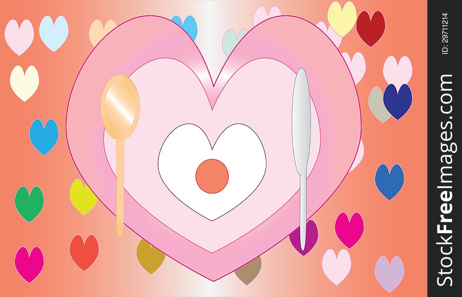 Fried heart shape egg put on heart with colorful heart background. Fried heart shape egg put on heart with colorful heart background