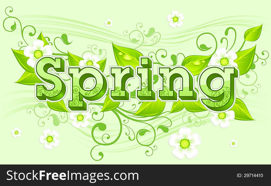 Spring backgrounds with white flowers on green and letters, vector illustration