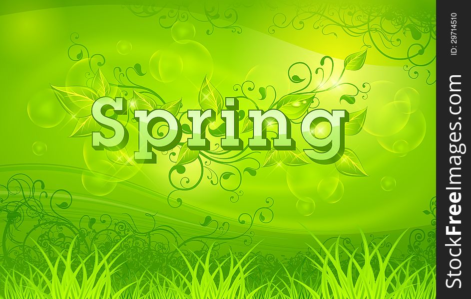 Spring backgrounds with leaves and bubbles on green and letters, vector illustration. Spring backgrounds with leaves and bubbles on green and letters, vector illustration