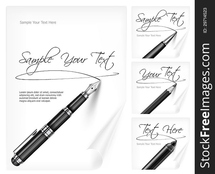 Black writing tools and white paper sheet with signs & text, vector illustration. Black writing tools and white paper sheet with signs & text, vector illustration