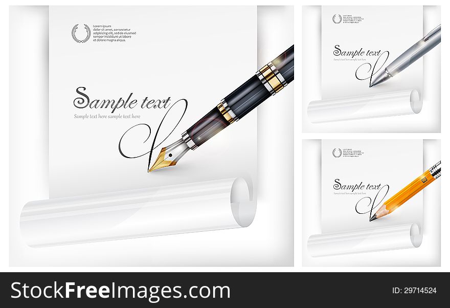 Black fountain pen and white paper sheet with text, vector illustration. Black fountain pen and white paper sheet with text, vector illustration