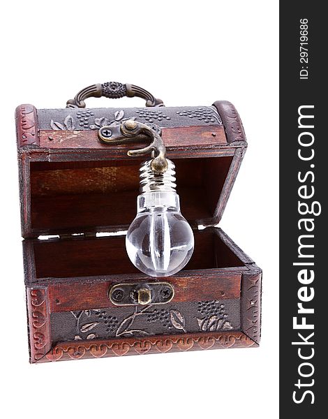 Idea lamp inside of a treasure chest isolated on white. Idea lamp inside of a treasure chest isolated on white