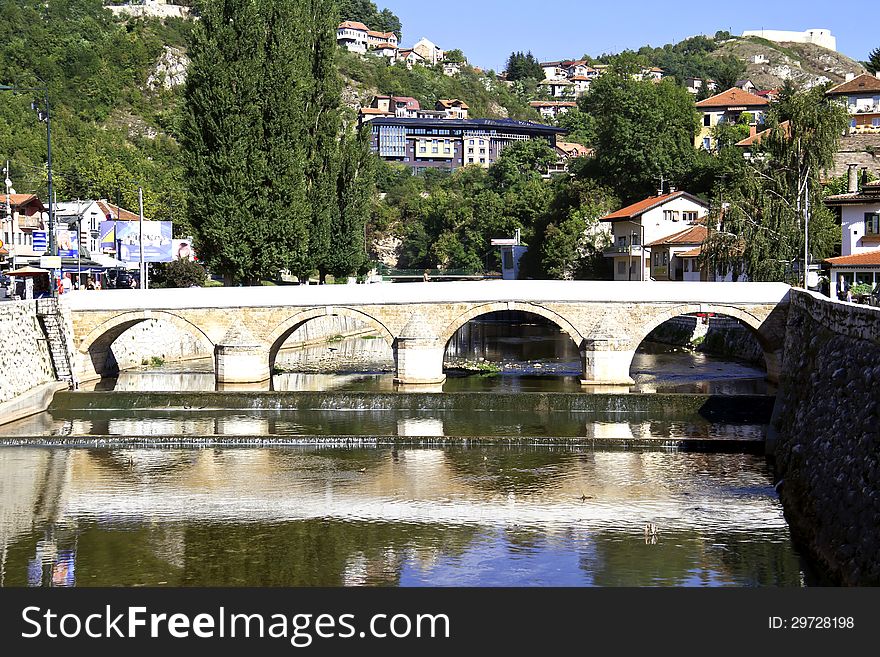 Bridge on Miljacka river in Sarajevo the capital city of Bosnia and Herzegovina