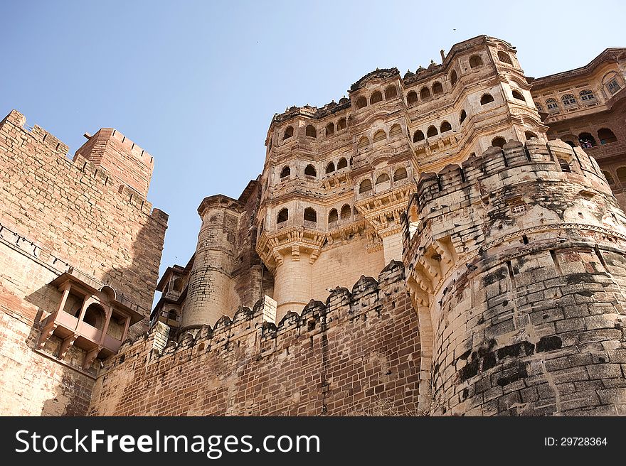 Mehrangarh Fort walls in Jodhpur, Rjasthan, India