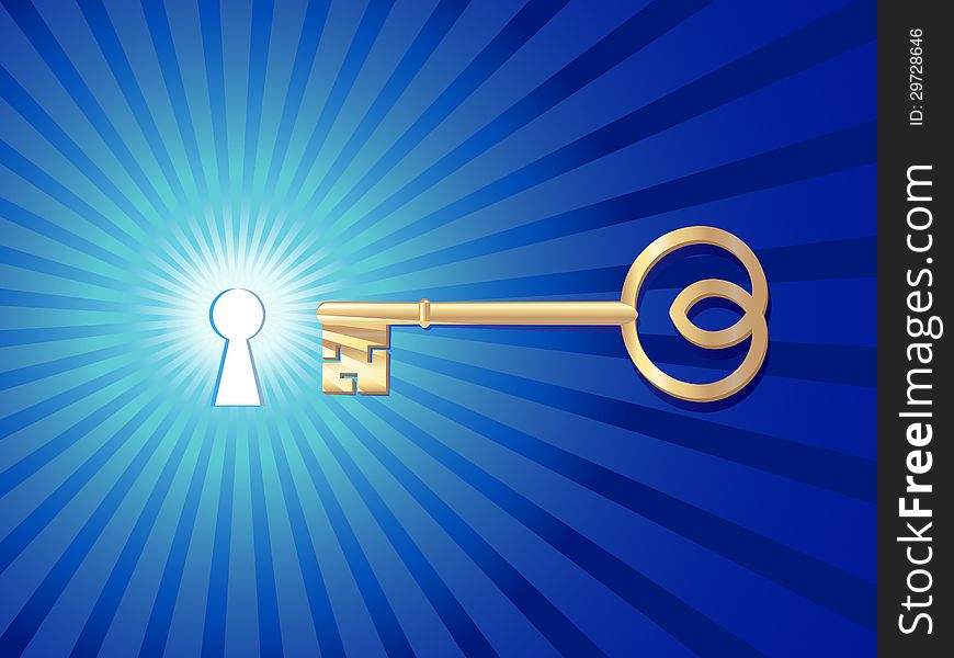 Golden key open shining keyhole. Golden key open shining keyhole