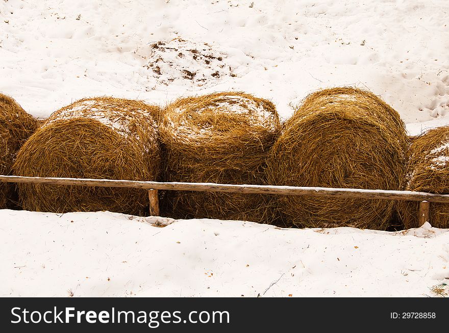 Row of haystacks on a farm in winter